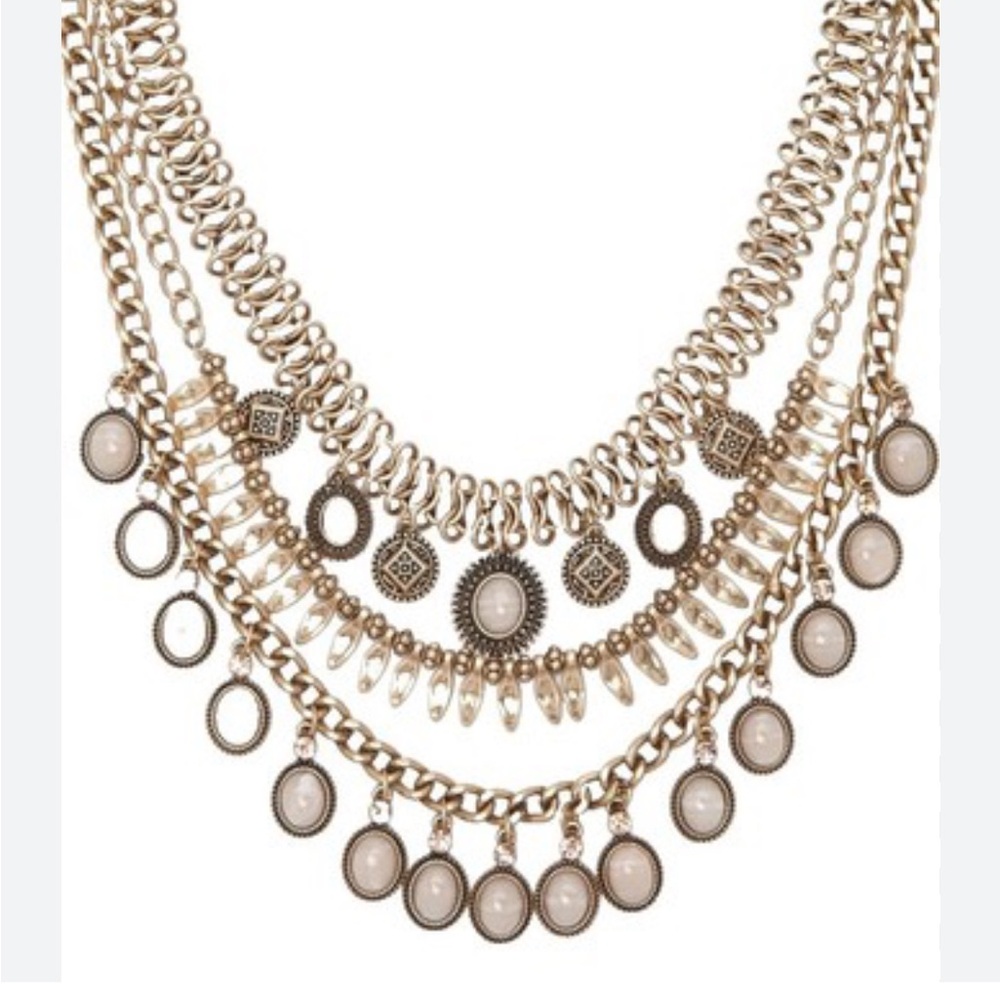 J. Crew Gold Tone Multi-Layer Statement Necklace Cream Cabochon Stone